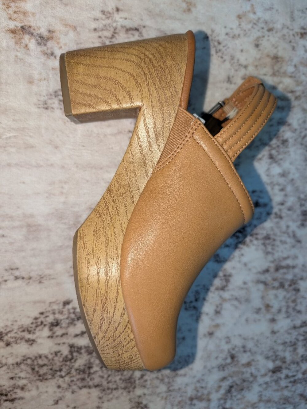 Tan Platform Clogs Women’s 6.5 Cognac Faux Wood Chunky Heel Slingback